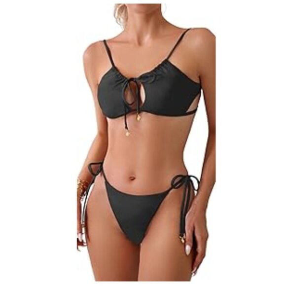MIKETAI 2 Piece Bikini Swimsuit Strappy Sexy Black Gold Coins Small NWT - Picture 1 of 4